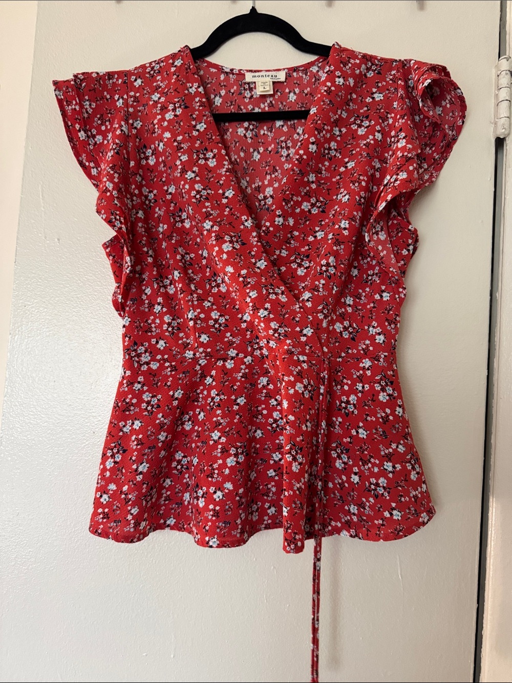 Monteau Floral Wrap Peplum Blouse with Flutter Sleeves